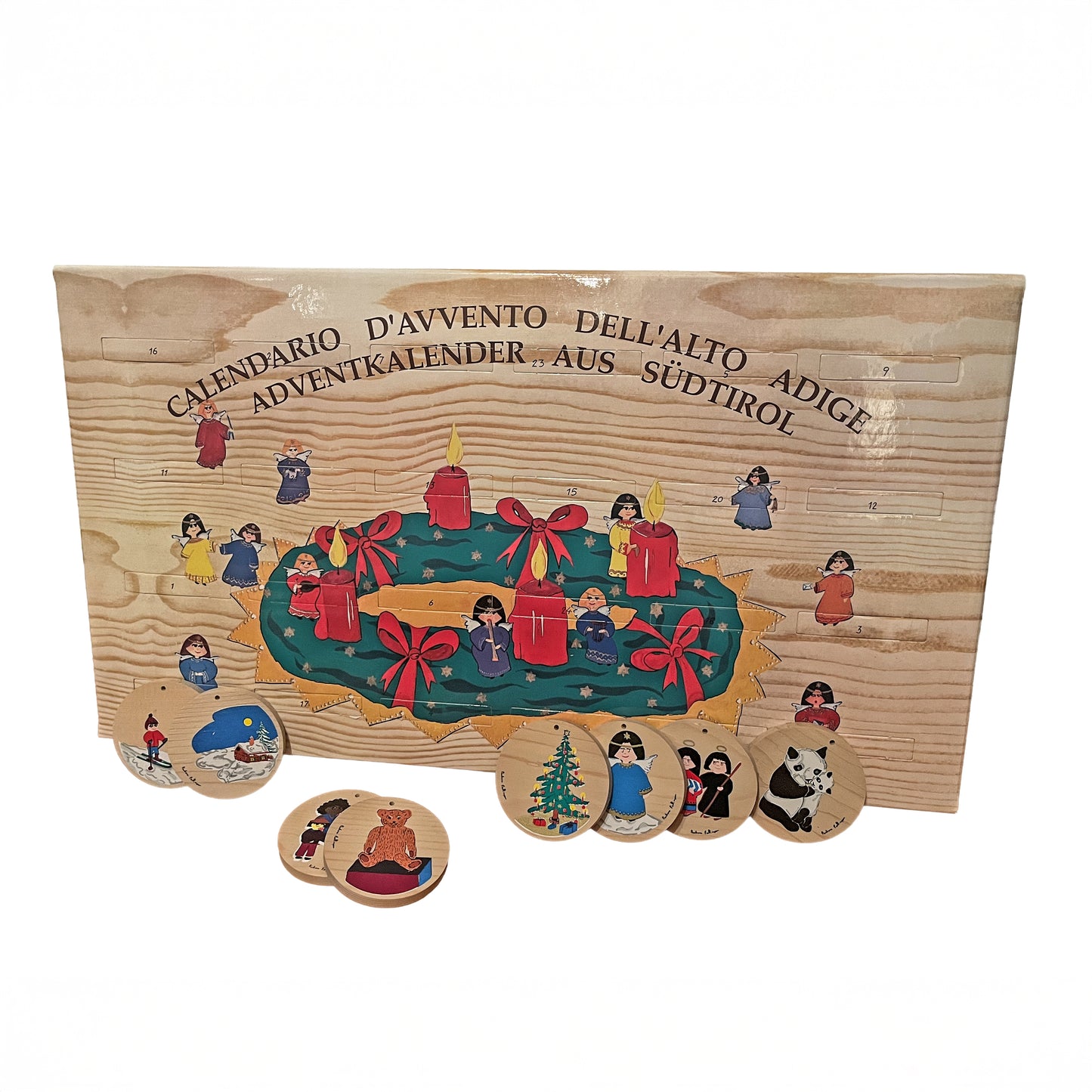 Südtiroler Adventskalender aus Holz – 24 bedruckte Tannen-Holzscheiben für natürliche Weihnachtsdekoration
