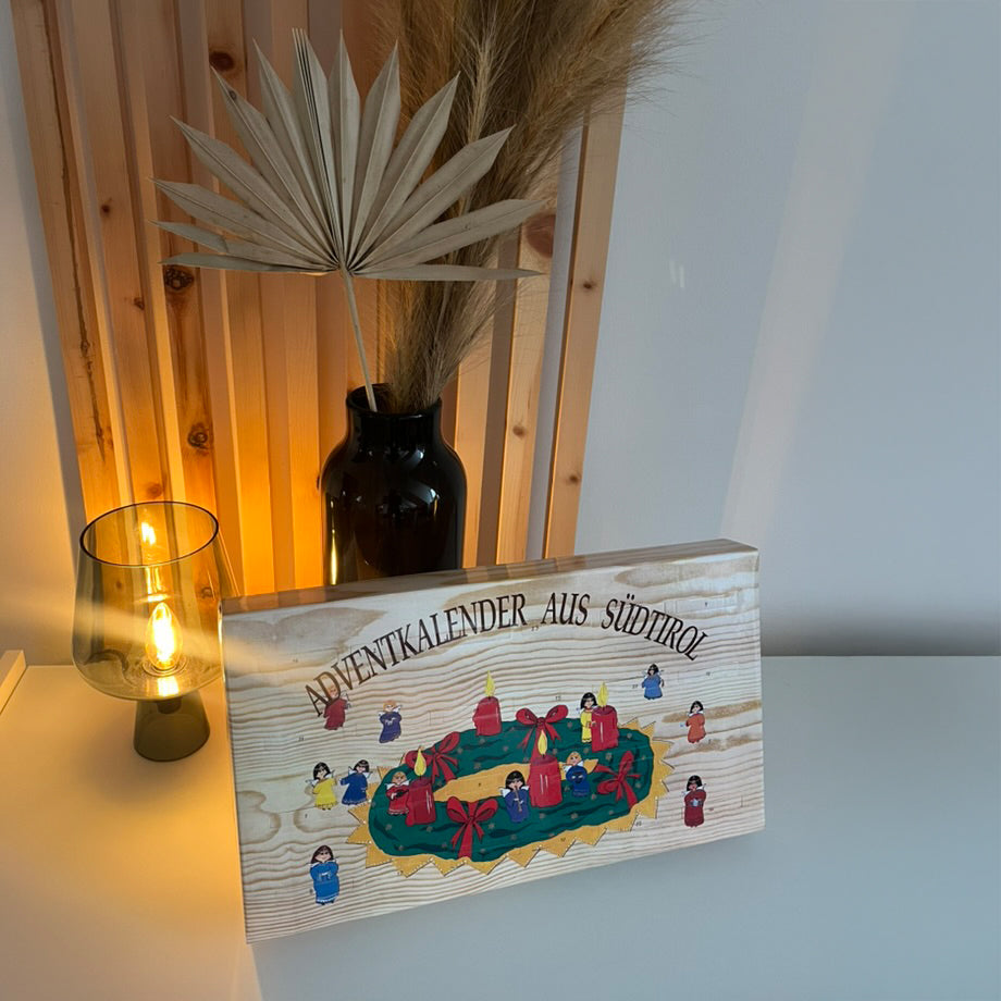 Südtiroler Adventskalender aus Holz – 24 bedruckte Tannen-Holzscheiben für natürliche Weihnachtsdekoration